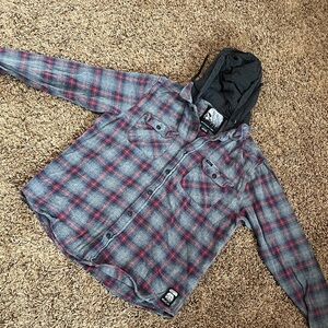 RVCA Gray and Red Plaid Hooded Shirt